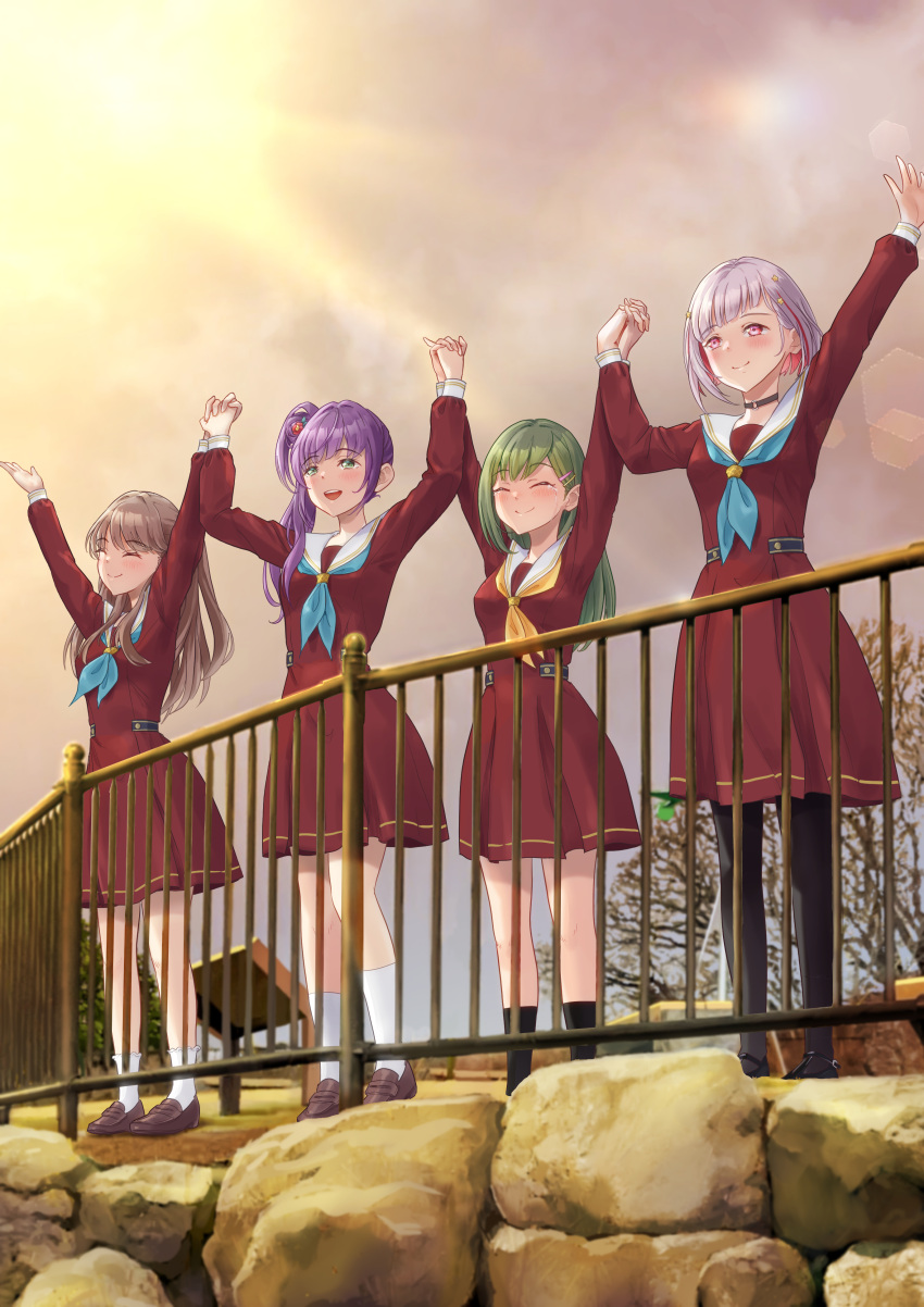 4girls :d ^_^ absurdres ankle_socks arms_up black_pantyhose black_socks blue_neckerchief blush bob_cut breasts brown_dress brown_footwear brown_hair check_commentary closed_eyes clouds cloudy_sky colored_inner_hair commentary_request crying diagonal_bangs dress flower frilled_socks frills fujishima_megumi green_eyes green_hair grey_hair hair_bun hair_flower hair_ornament hasu_no_sora_school_uniform highres holding_hands interlocked_fingers inverted_bob kobassy lens_flare light_rays link!_like!_love_live! loafers lone_nape_hair long_hair long_sleeves looking_afar looking_ahead love_live! medium_breasts medium_dress multicolored_hair multiple_girls neckerchief non-circular_lens_flare oogami_sachi open_mouth otomune_kozue outstretched_hand pantyhose pleated_dress purple_hair railing red_eyes red_flower redhead sailor_collar sailor_dress school_uniform shoes short_hair side_ponytail sidelocks single_side_bun sky smile socks standing star_(symbol) star_hair_ornament straight_hair streaked_hair streaming_tears sunbeam sunlight swept_bangs tears teeth two-tone_hair two_side_up upper_teeth_only virtual_youtuber white_sailor_collar white_socks winter_uniform yellow_neckerchief yugiri_tsuzuri