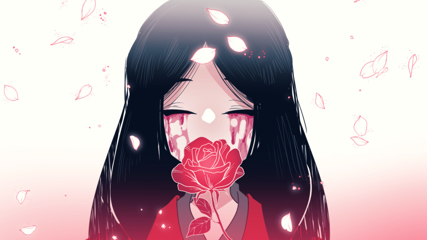 1other black_hair black_shirt blood blood_from_eyes closed_eyes coat collared_shirt flower long_hair madotsuki_ren project_moon red_coat red_flower red_rose rose rose_(wonder_lab) shirt solo spoilers upper_body wonderlab