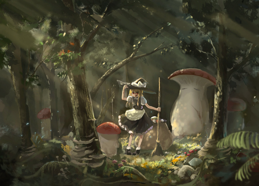 1girl :d apron arm_up black_dress black_footwear blonde_hair blurry blurry_foreground boots broom dress forest frilled_dress frills full_body grass hand_on_headwear hat highres holding holding_broom kirisame_marisa light_rays long_hair mushroom nature open_mouth outdoors plant rock sidelocks smile solo standing sunlight touhou tree white_apron witch_hat zhuxie1264852