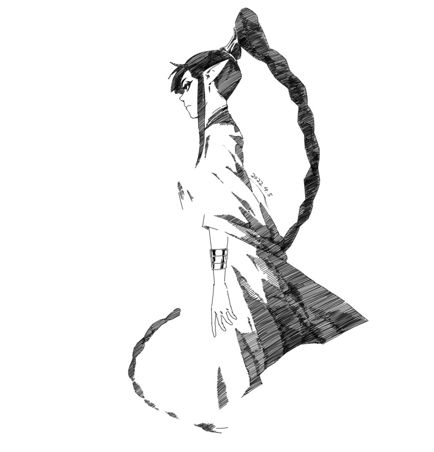 1girl absurdly_long_hair arms_at_sides braid braided_ponytail closed_mouth dated from_side greyscale high_ponytail highres kan_liu_(666k) long_hair monochrome original pointy_ears profile robe sidelocks sketch sleeves_past_wrists solo standing very_long_hair wide_sleeves wind wristlet