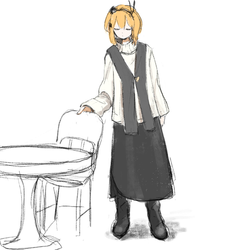1girl a.i._voice adachi_rei alternate_costume arm_at_side black_footwear black_shawl black_skirt boots chair closed_eyes closed_mouth facing_viewer fashion full_body hakoko_shitagokoro hand_on_chair highres long_skirt long_sleeves medium_hair one_side_up orange_hair shawl simple_background sketch skirt solo standing sweater table turtleneck turtleneck_sweater utau white_background