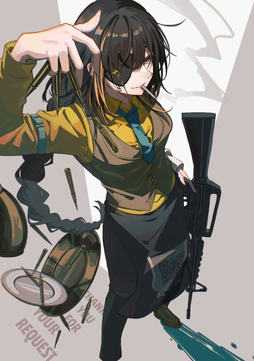 1girl absurdres apron assault_rifle black_apron black_hair black_pants blue_necktie brown_eyes bullet cigarette collared_shirt eyepatch foot_out_of_frame full_body girls_frontline gun hand_up highres holding holding_bullet holding_gun holding_weapon long_braid long_hair looking_at_viewer m16 m16a1_(fairy_kingdom_brew)_(girls'_frontline) m16a1_(girls'_frontline) mole mole_under_eye multicolored_hair necktie official_alternate_costume orange_hair pants qr_code rabb_horn rifle scar scar_across_eye shirt shoes short_necktie smoking solo streaked_hair thank_you waist_apron weapon yellow_shirt