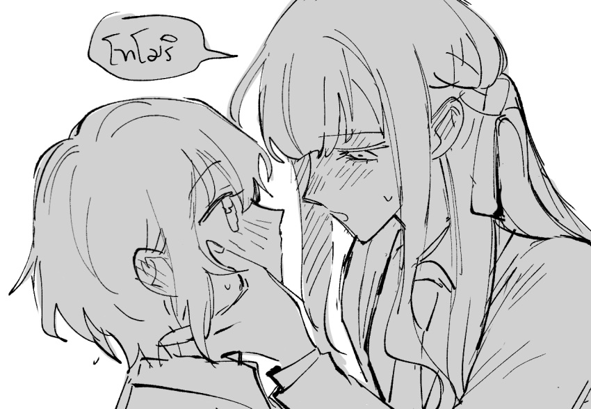 2girls bang_dream! bang_dream!_it's_mygo!!!!! blush collared_shirt commentary_request ear_blush eye_contact greyscale hand_on_another's_face long_hair looking_at_another monochrome multiple_girls necktie open_mouth shirt short_hair speech_bubble sweat takamatsu_tomori thai_commentary thai_text togawa_sakiko translation_request upper_body yogurt_pt yuri