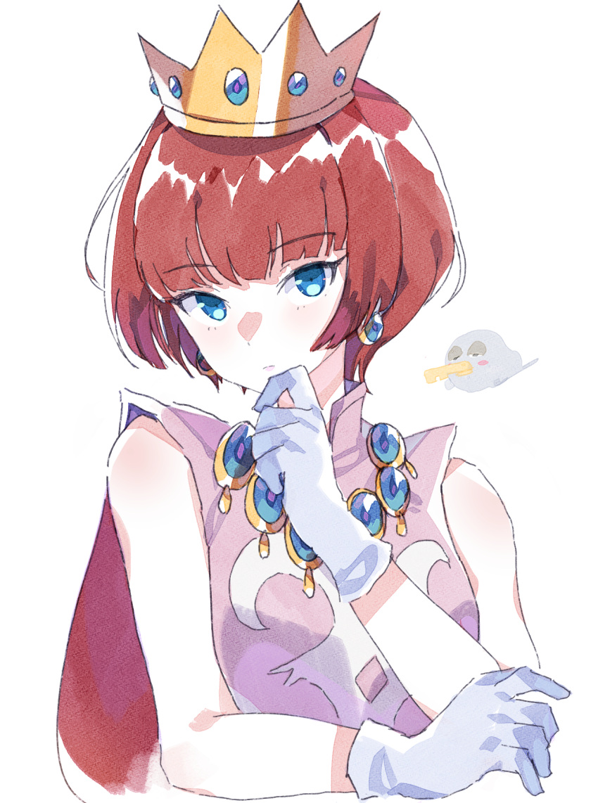 1girl blue_eyes crown dress earrings fq75017 gloves gold_necklace hand_on_own_chin highres jewelry keyzer looking_at_viewer necklace princess_shokora redhead short_hair simple_background sleeveless sleeveless_dress wario_land wario_land_4 white_background white_gloves