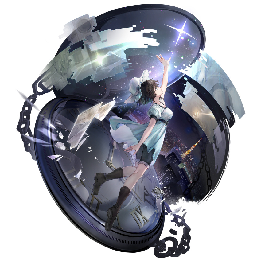 1girl arm_up black_footwear black_hair blue_dress blue_hat broken broken_chain broken_glass chain cityscape denim denim_shorts double_exposure dress from_side full_body girls'_frontline_neural_cloud glass hair_ribbon highres looking_at_viewer looking_up night night_sky official_art okabe_rintarou outstretched_arms pocket_watch profile puffy_short_sleeves puffy_sleeves ribbon shiina_mayuri short_hair short_sleeves shorts shorts_under_dress sky solo standing star_(sky) starry_sky steins;gate third-party_source transparent_background watch