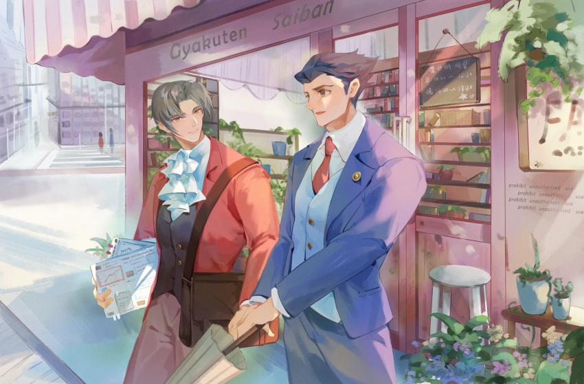 2boys absurdres ace_attorney ascot bag black_hair blue_suit closed_mouth collared_shirt copyright_name formal grey_hair gugu_(user_cxsm8254) highres holding holding_umbrella jacket long_sleeves looking_at_another male_focus messenger_bag miles_edgeworth multiple_boys necktie open_mouth pants phoenix_wright red_jacket red_necktie red_suit shirt short_hair shoulder_bag spiky_hair suit town umbrella vest white_ascot white_shirt