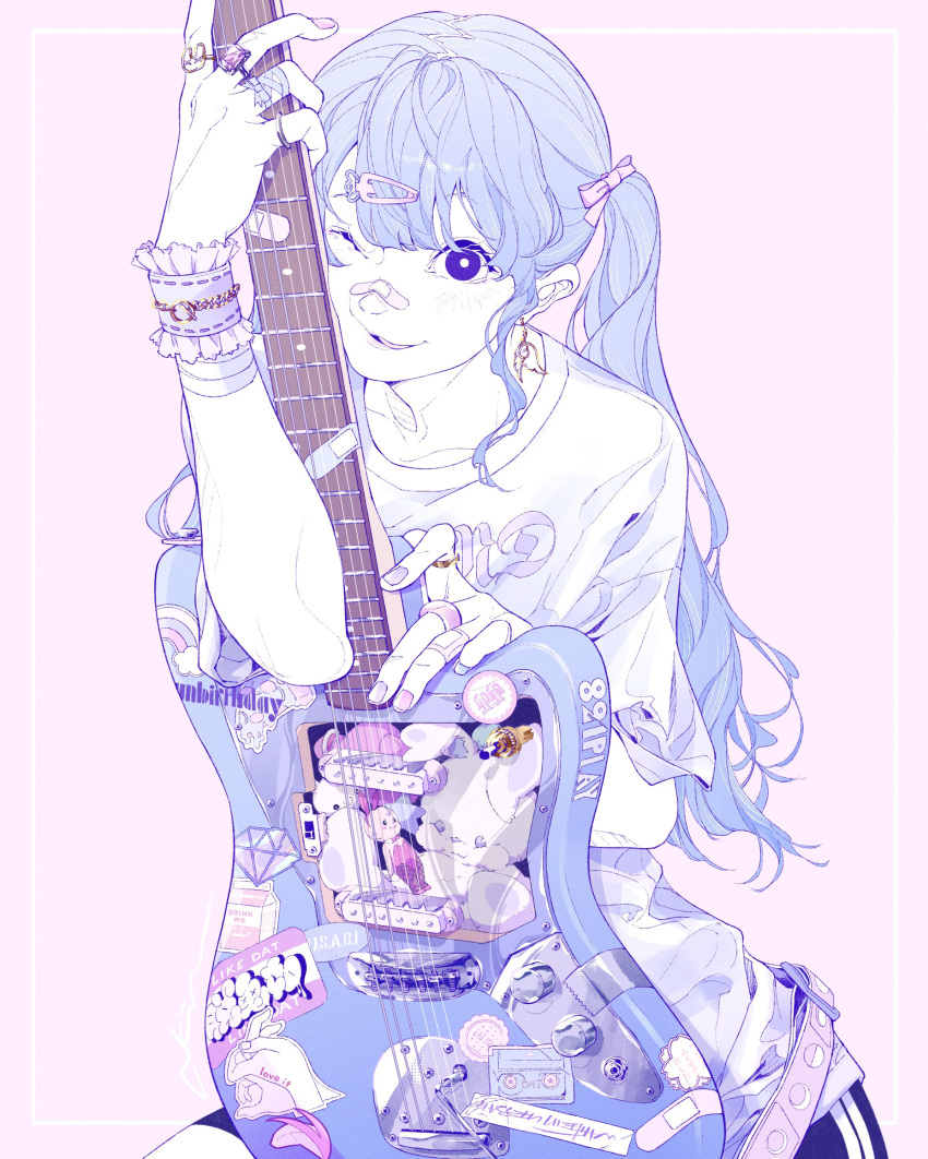 1girl absurdres akira_13go bandaid bandaid_on_face bandaid_on_hand bandaid_on_nose black_eyes black_shorts blue_hair bow bracelet bright_pupils cassette_tape colored_skin diamond_(gemstone) electric_guitar english_text fender_stratocaster frilled_bracelet guitar hair_bow hand_up highres holding holding_instrument instrument jewelry long_hair looking_at_viewer multicolored_nails one_eye_closed original parted_lips pink_background pink_bow pink_gemstone pink_nails purple_nails ring shirt shorts signature simple_background solo sticker t-shirt twintails white_pupils white_shirt white_skin white_t-shirt