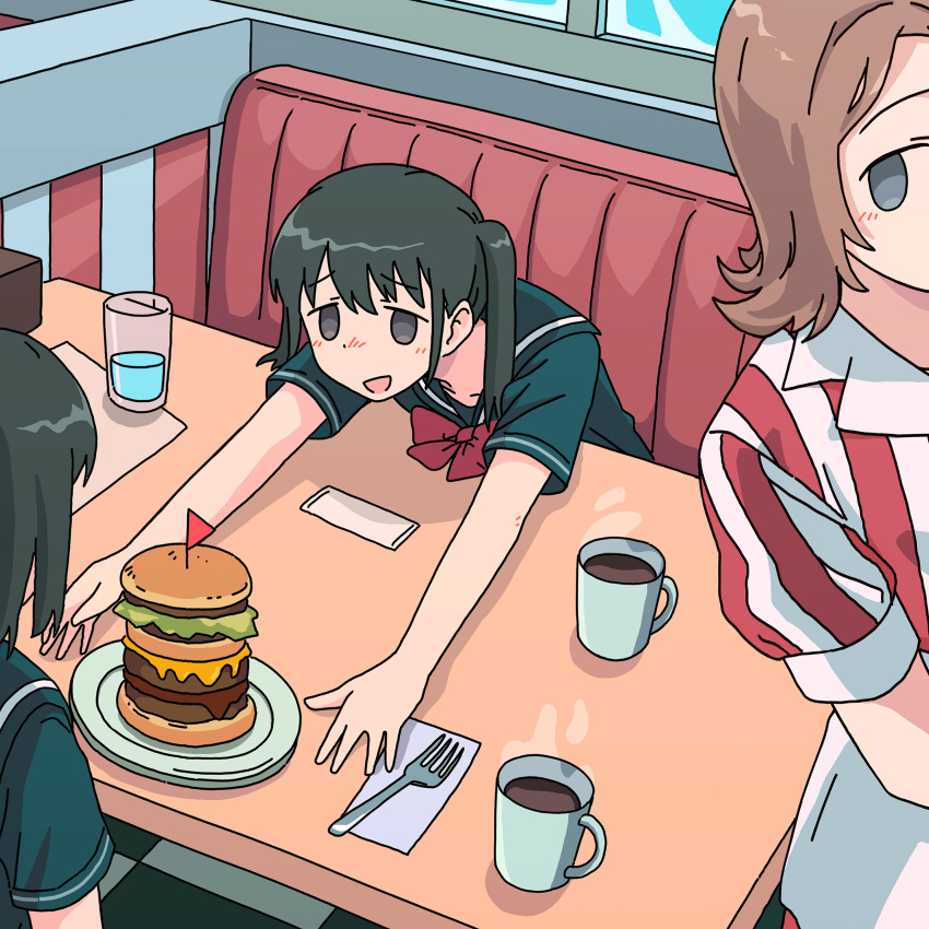 3girls absurdres black_hair black_sailor_collar black_serafuku black_shirt bow bowtie brown_hair burger cafe coffee couch cup ennui_orz food fork glass grey_eyes highres indoors leaning_on_object looking_at_another medium_hair mug multiple_girls open_mouth original red_bow red_bowtie sailor_collar school_uniform serafuku shirt sitting table waitress water window