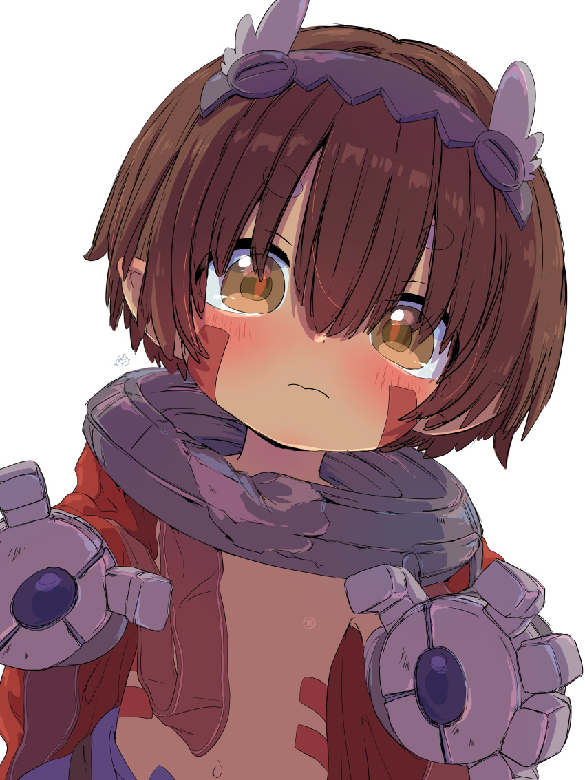 1boy 3: absurdres blue_pants blush brown_eyes brown_hair cape commentary_request dark_skin dot_nose hair_between_eyes highres made_in_abyss mechanical_arms metal_hairband navel no_shirt pants pointy_ears red_cape regu_(made_in_abyss) sekaineko_001 short_eyebrows short_hair simple_background solo upper_body white_background