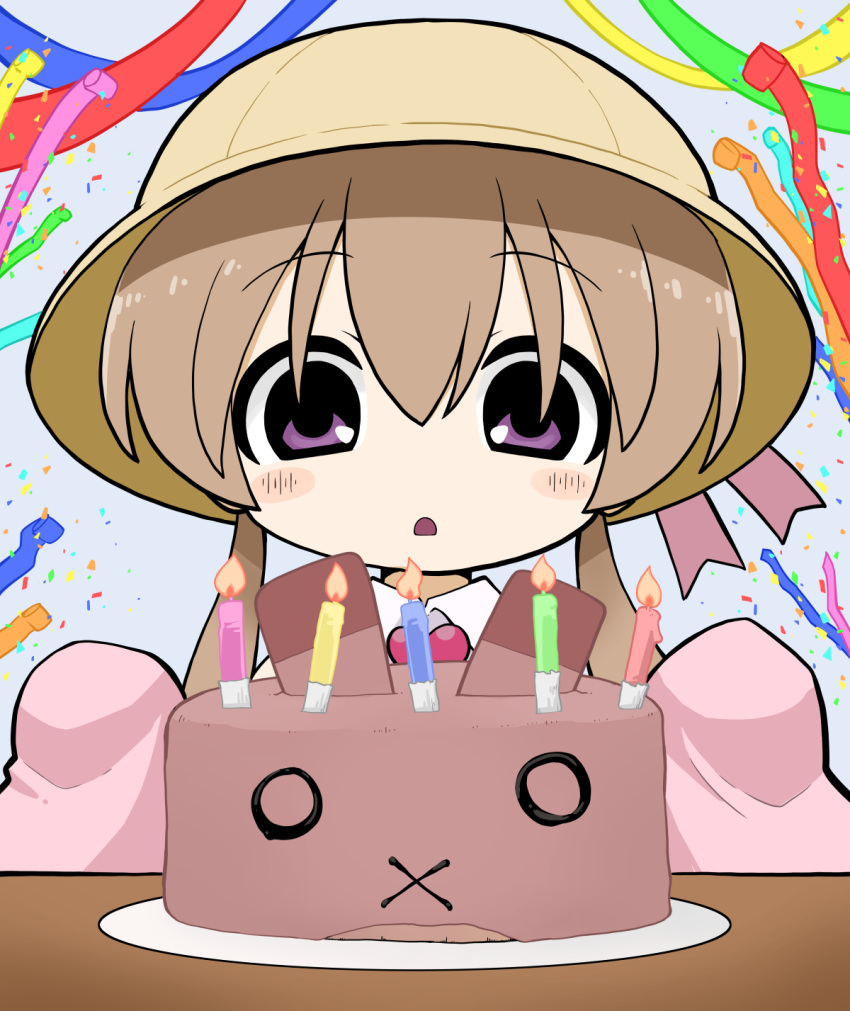 1girl birthday birthday_cake blush brown_hair cake candle commentary_request confetti food grey_background hat highres long_hair long_sleeves looking_at_food low_twintails open_mouth school_hat simple_background sleeves_past_fingers sleeves_past_wrists solo straight-on streamers table tsukuyomi_ai twintails upper_body violet_eyes voiceroid yellow_hat yunji