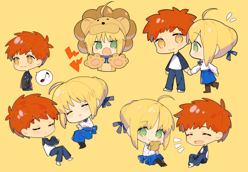 1boy 1girl ahoge animal_costume apron artoria_pendragon_(fate) black_apron black_pantyhose blonde_hair blue_bow blue_pants blue_ribbon blue_skirt boots bow bow_skirt braid braided_bun brown_footwear chibi closed_eyes closed_mouth denim emiya_shirou fangs fate/stay_night fate_(series) flying_sweatdrops green_eyes hair_bun hair_ribbon hands_up highres holding holding_hands holding_stuffed_toy hugging_object jeans lion_costume long_sleeves looking_at_another looking_at_viewer looking_to_the_side lying multiple_views musical_note neck_ribbon notice_lines nozawa_noko on_side open_mouth pants pantyhose raglan_sleeves redhead ribbon saber_(fate) saber_lion shirt shoes short_hair simple_background sitting skin_fangs skirt sleeping smile socks spoken_musical_note standing stuffed_animal stuffed_lion stuffed_toy t-shirt walking white_shirt white_socks yellow_background yellow_eyes