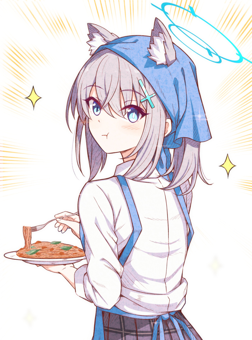 1girl animal_ear_fluff animal_ears apron black_skirt blue_apron blue_archive blue_eyes blue_halo bright_pupils closed_mouth cross_hair_ornament eating food fork grey_hair hair_between_eyes hair_ornament halo head_scarf highres holding holding_fork holding_plate karikura_(atatata71) long_sleeves looking_at_viewer looking_back mismatched_pupils pasta plate shiroko_(blue_archive) shirt skirt solo spaghetti white_background white_pupils white_shirt wolf_ears
