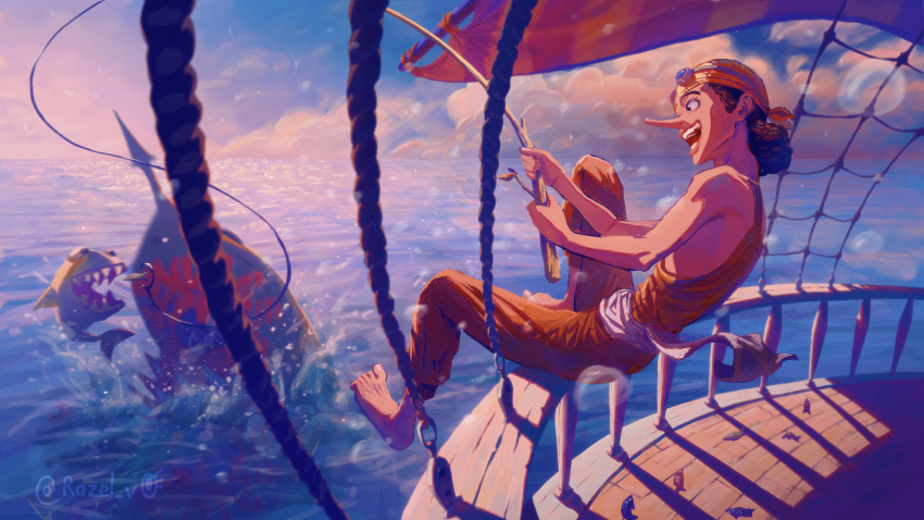 1boy absurdres barefoot black_hair blue_background clouds dusk fishing fishing_rod from_side happy highres inktober long_nose male_focus nose ocean one_piece open_mouth overalls razel_v0 scenery ship short_hair sky smile sunlight teeth usopp watercraft