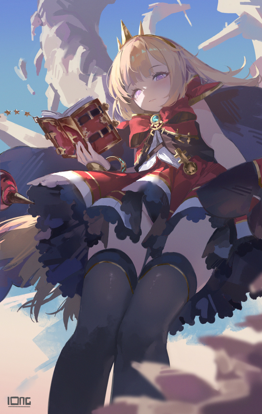 1girl absurdres artist_name belt blonde_hair blunt_bangs book bracelet breasts cagliostro_(granblue_fantasy) cape chinese_commentary clouds cloudy_sky dress expressionless floating_clothes floating_hair frilled_dress frills from_below granblue_fantasy headband highres holding holding_book jewelry light_frown long_hair loong_(loong_blo) open_book potion red_cape sky small_breasts solo thigh-highs twitter_username violet_eyes
