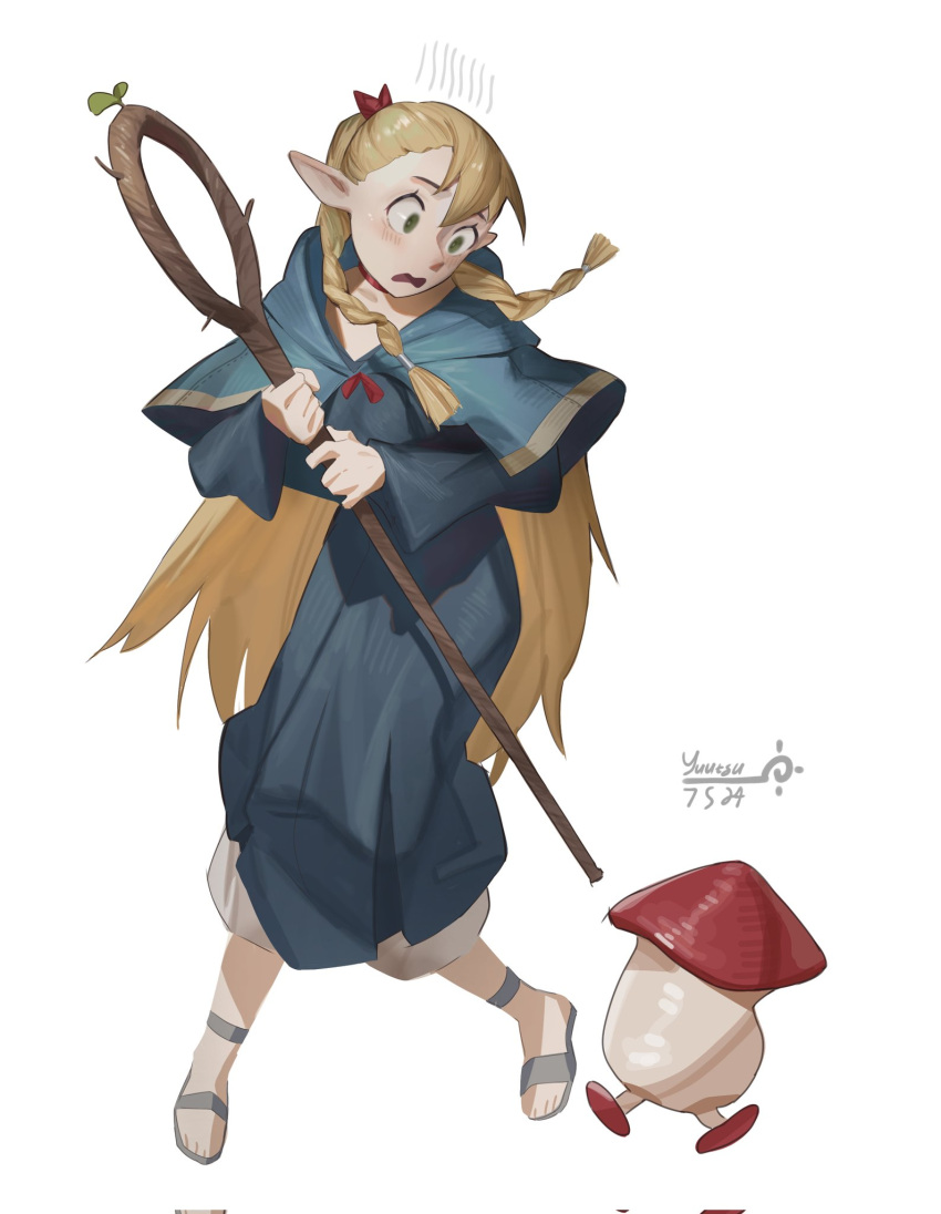 1girl ambrosia_(dungeon_meshi) artist_name blonde_hair blue_capelet blue_robe braid capelet dungeon_meshi elf green_eyes highres holding holding_staff long_hair looking_at_another marcille_donato open_mouth pointy_ears robe sandals simple_background staff toeless_footwear twin_braids walking_mushroom_(dungeon_meshi) white_background yuubi_yuutsu