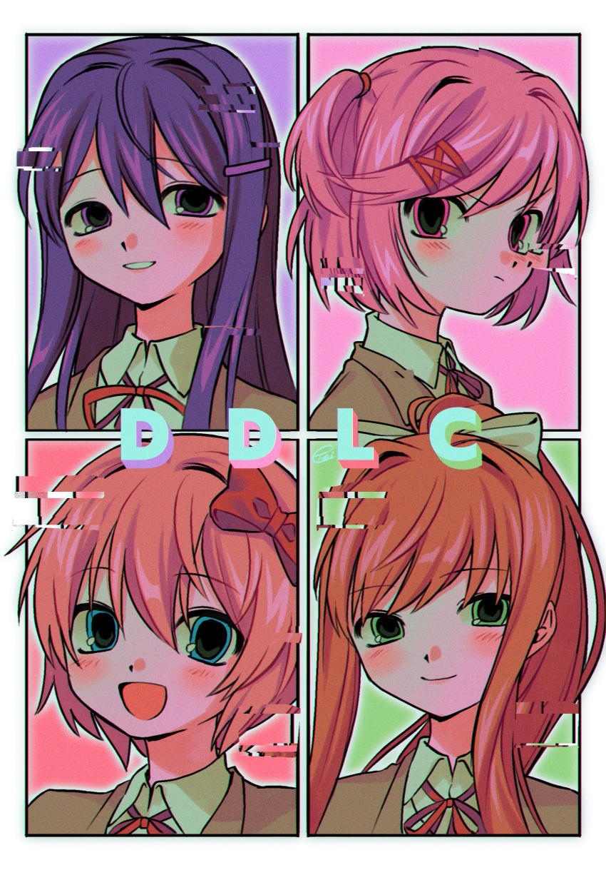 4girls absurdres ahoge blazer blue_eyes blush border bow brown_hair brown_jacket closed_mouth collared_shirt copyright_name doki_doki_literature_club green_background green_eyes grin hair_between_eyes hair_bow hair_ornament hairclip high_ponytail highres jacket long_hair looking_at_viewer menma_(enaic31) monika_(doki_doki_literature_club) multiple_girls natsuki_(doki_doki_literature_club) neck_ribbon open_mouth orange_hair outline pink_background pink_eyes pink_hair ponytail purple_background purple_hair red_bow red_ribbon ribbon sayori_(doki_doki_literature_club) shirt short_hair short_twintails smile swept_bangs twintails v-shaped_eyebrows violet_eyes white_border white_bow white_outline white_shirt yuri_(doki_doki_literature_club)