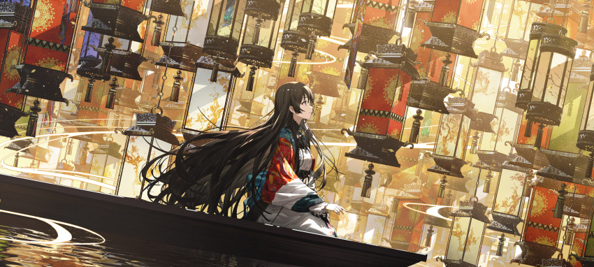 1girl absurdres brown_hair chinese_commentary closed_mouth commentary_request floating_hair from_side highres kieed lantern long_hair long_sleeves looking_afar original pink_eyes profile scenery sitting solo very_long_hair wide_shot