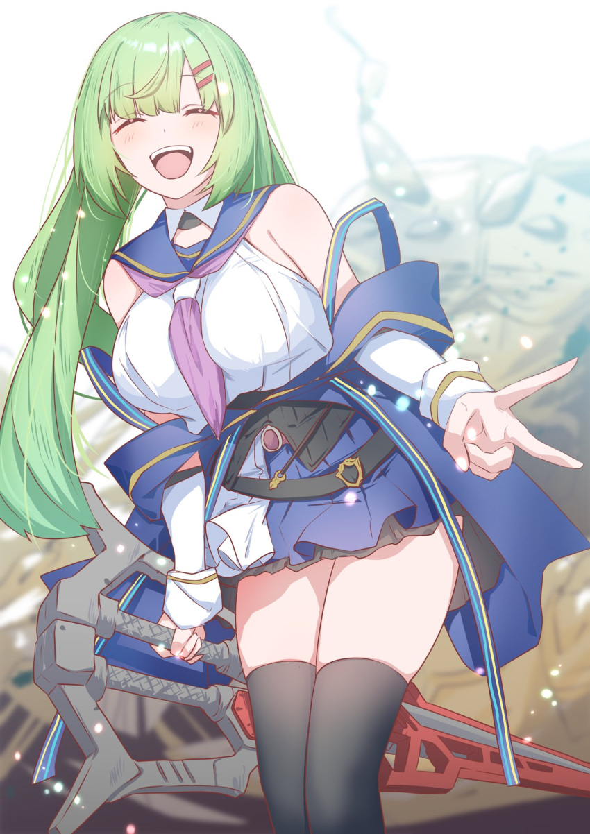 1girl :d ^_^ arm_at_side assault_lily bare_shoulders black_shirt black_thighhighs blue_jacket blue_skirt blurry blurry_background blush breasts carcass closed_eyes commentary_request cowboy_shot crop_top detached_collar detached_sleeves facing_viewer green_hair hair_ornament hairclip highres holding holding_weapon houji_tea_latte jacket kawabata_hotaru leaning_to_the_side light_particles long_hair long_sleeves medium_breasts miniskirt monster neckerchief odaiba_girls_high_school_uniform off_shoulder open_mouth purple_neckerchief school_uniform serafuku shirt skirt sleeveless sleeveless_shirt smile solo standing teeth thigh-highs undershirt upper_teeth_only v weapon white_background white_shirt zettai_ryouiki