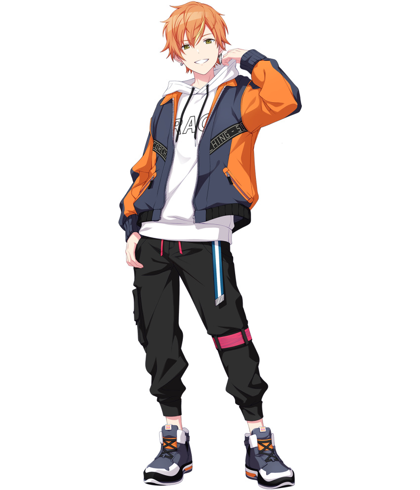 1boy black_pants blonde_hair earrings full_body green_eyes grey_jacket grin hair_between_eyes highres hood hoodie jacket jewelry looking_at_viewer male_focus multicolored_clothes multicolored_hair multicolored_jacket non-web_source official_art orange_hair orange_jacket pants project_sekai shinonome_akito shoes short_hair smile sneakers solo streaked_hair tachi-e transparent_background white_hoodie