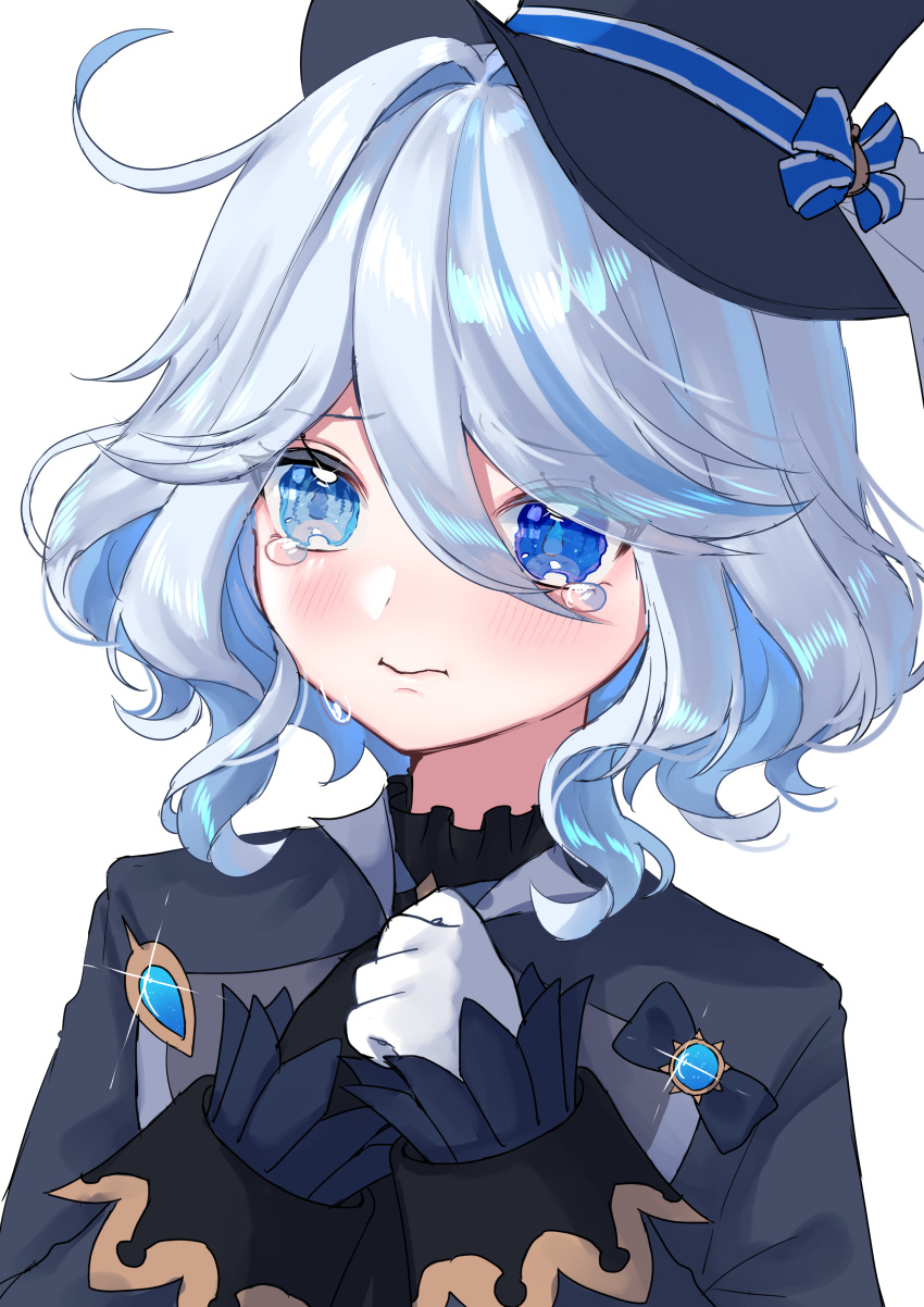 1girl absurdres ahoge aqua_hair ascot asymmetrical_gloves black_ascot black_gloves black_hat blue_bow blue_eyes blush bow clenched_hands closed_mouth commentary_request drop-shaped_pupils furina_(genshin_impact) genshin_impact gloves hair_between_eyes hat hat_bow head_tilt highres long_hair long_sleeves looking_at_viewer mismatched_pupils mochi_mochi052 multicolored_hair own_hands_together sad sidelocks simple_background solo streaked_hair swept_bangs symbol-shaped_pupils tearing_up tears top_hat two-tone_hair upper_body wavy_hair white_background white_gloves white_hair