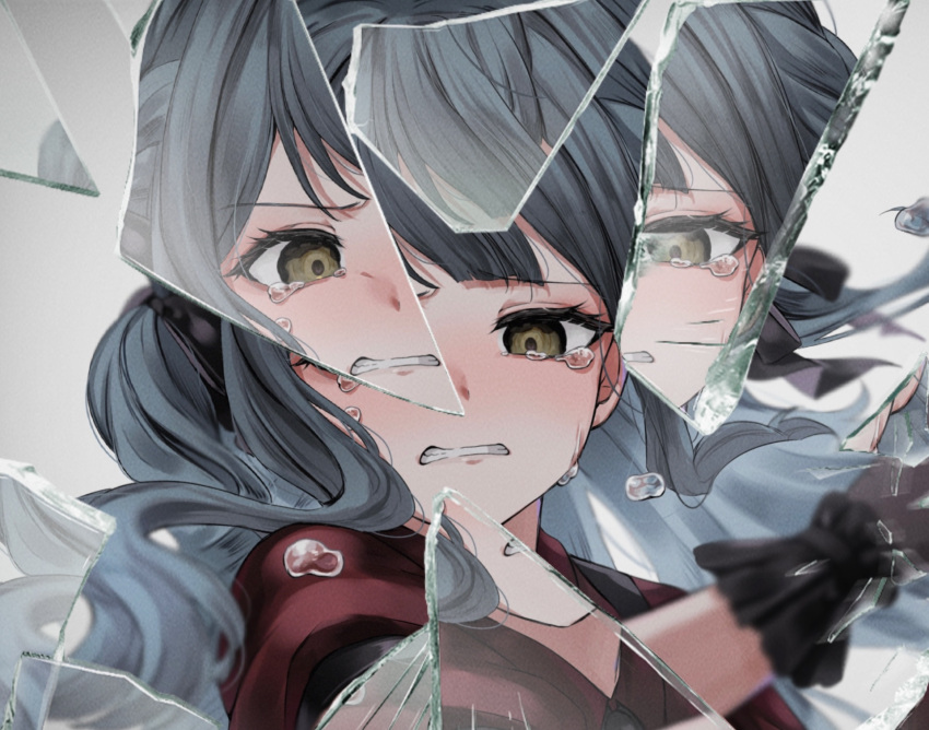 1girl app_filter bang_dream! bang_dream!_it's_mygo!!!!! black_gloves black_ribbon blue_hair clenched_teeth commentary_request crying crying_with_eyes_open floating_hair gloves grey_background hair_ribbon highres long_hair looking_at_viewer meu203 red_shirt ribbon shirt solo tears teeth togawa_sakiko upper_body yellow_eyes