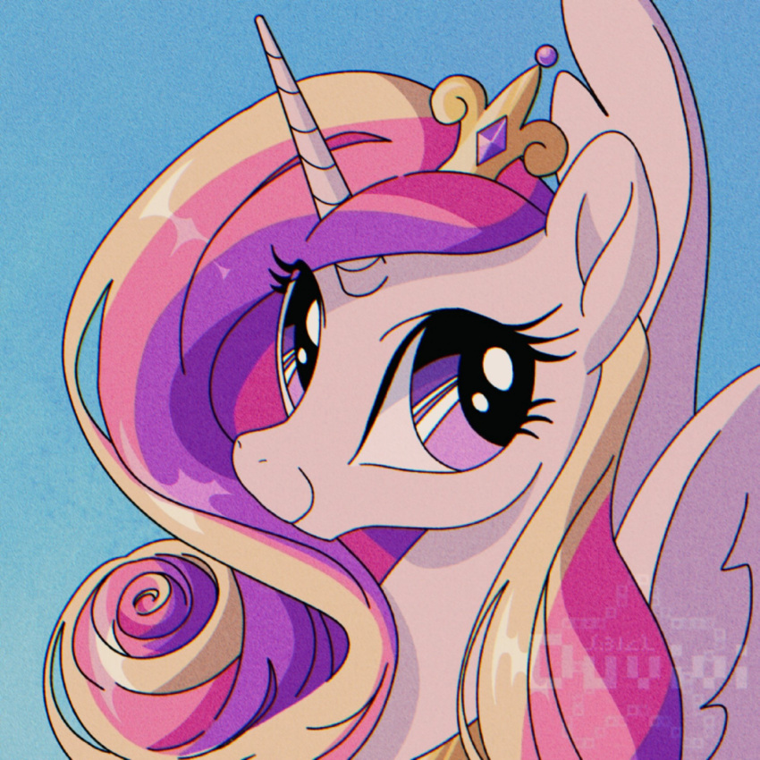 1girl artist_name blonde_hair blue_background cadance_(my_little_pony) duvivi4duvivi feathered_wings highres horns long_hair looking_at_viewer multicolored_hair my_little_pony my_little_pony:_friendship_is_magic no_humans pink_hair portrait purple_hair retro_artstyle single_horn solo tiara violet_eyes watermark white_fur white_wings winged_unicorn wings