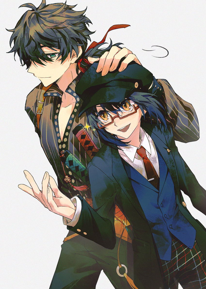 1boy 1other androgynous belt belt_buckle black_hair black_jacket blue_vest brown_belt buckle cabbie_hat collared_shirt collared_vest fate/grand_order fate/samurai_remnant fate_(series) glasses hair_over_one_eye hair_ribbon hand_on_another's_head hat highres jacket katana long_sleeves low_ponytail miyamoto_iori_(fate) necktie official_alternate_costume official_alternate_hairstyle pants partially_unbuttoned pinstripe_pattern pinstripe_shirt plaid plaid_pants red-framed_eyewear red_necktie red_ribbon ribbon semi-rimless_eyewear sheath sheathed shirt shokuhan_shio simple_background sparkle striped_clothes striped_shirt suit_jacket sword tie_clip vertical-striped_clothes vertical-striped_shirt vest weapon white_shirt yamato_takeru_(fate) yamato_takeru_(second_ascension)_(fate) yellow_eyes