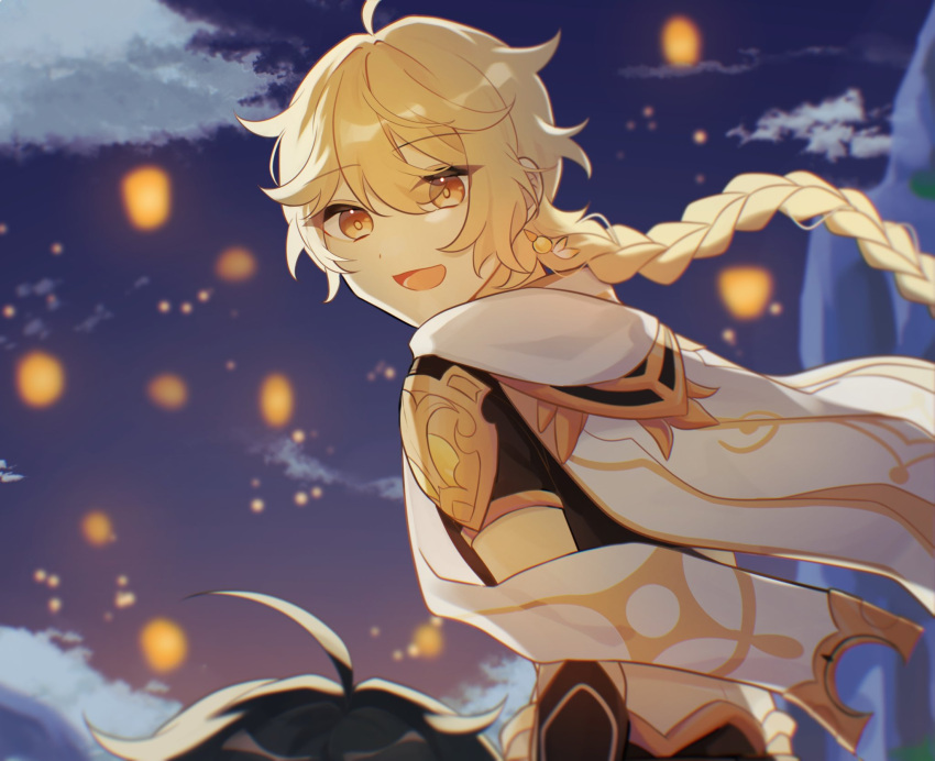 2boys aether_(genshin_impact) ahoge arm_armor armor black_hair black_pants blonde_hair blue_sky blurry blurry_background braid brown_shirt clouds cloudy_sky earrings evening genshin_impact gold_trim gradient_sky hair_between_eyes highres jack-o'-lantern jewelry karappooxo lantern long_hair looking_at_another male_focus mountain multiple_boys open_mouth outdoors pants paper_lantern purple_sky scarf shirt short_hair short_sleeves shoulder_armor single_earring sitting sky sky_lantern smile solo_focus teeth tongue white_scarf xiao_(genshin_impact) yellow_eyes