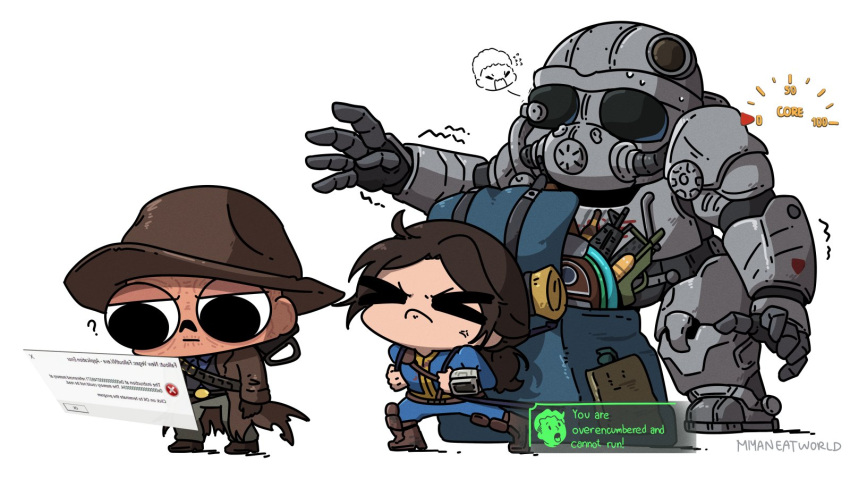 &gt;_&lt; ? annoyed armor artist_name backpack bag black_gloves blue_bodysuit bodysuit boots bottle brotherhood_of_steel brown_footwear cartoonized confused cooper_howard english_commentary fallout_(prime_video) fallout_(series) frown gameplay_mechanics gloves grey_pants gun highres looking_down low_ponytail lucy_maclean maximus_(fallout) miyan_(oceanmaiden) open_hands open_mouth pants power_armor toon_(style) walking weapon white_background window_(computing)