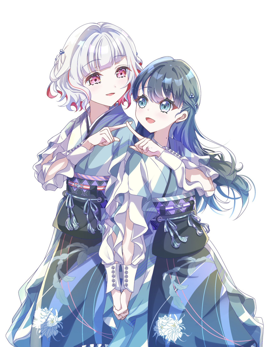 2girls :d arm_cutout black_hair black_skirt blue_eyes bob_cut colored_inner_hair commentary_request diagonal_bangs dollchestra eye_contact floral_print floral_print_skirt green_kimono grey_hair half_updo highres holding_hands index_finger_raised interlocked_fingers japanese_clothes kimono link!_like!_love_live! long_hair long_sleeves looking_at_another love_live! mole mole_on_neck multicolored_clothes multicolored_hair multicolored_kimono multicolored_skirt multiple_girls murano_sayaka obi open_mouth pink_eyes purple_sash redhead sakari_(pear_8_ll) sash short_hair simple_background skirt sleeve_cuffs smile streaked_hair take_it_over_(love_live!) virtual_youtuber wavy_hair white_background white_kimono yugiri_tsuzuri yuri