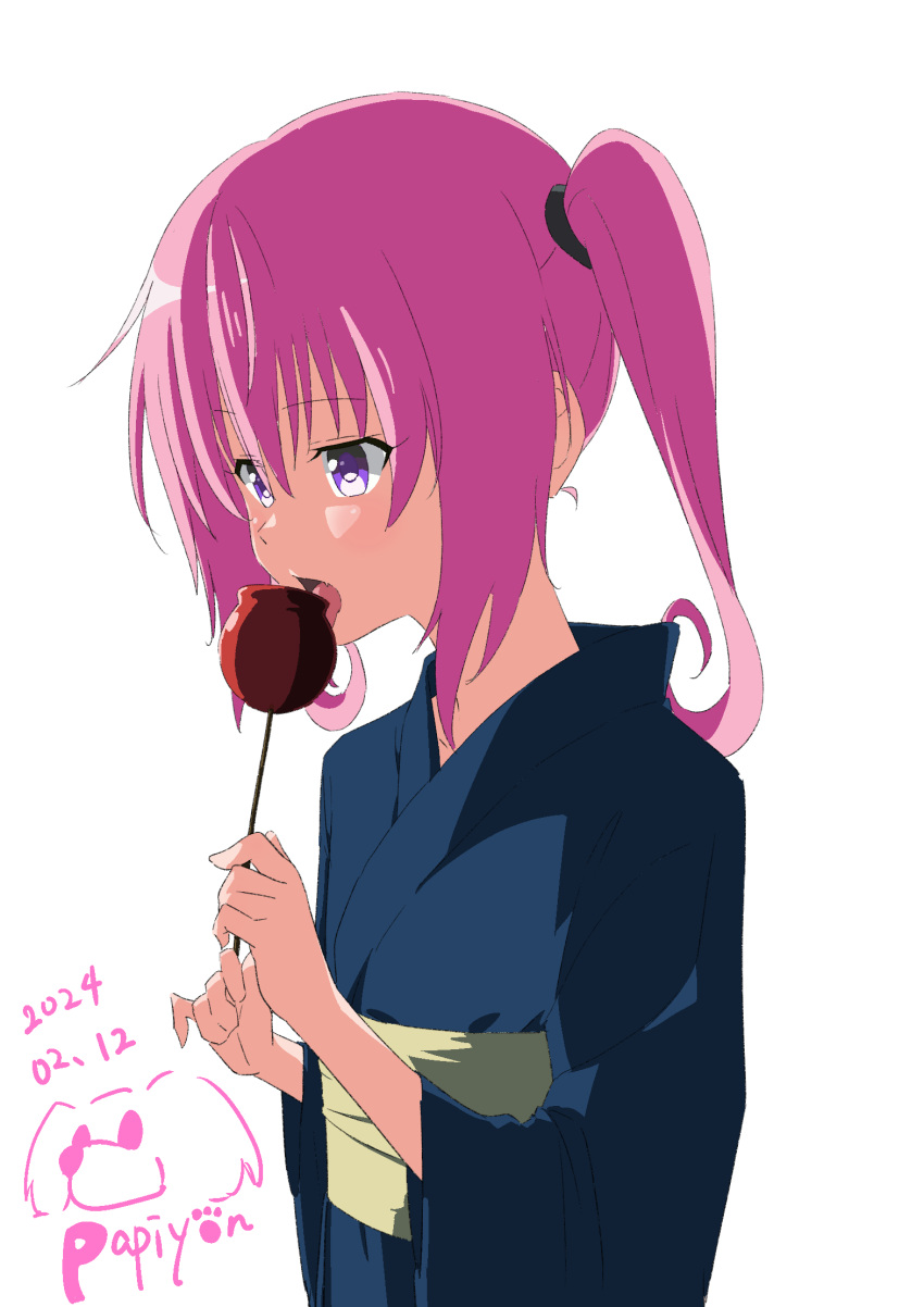1girl blue_kimono candy_apple food highres japanese_clothes kimono medium_hair nana_asta_deviluke open_mouth papiyon1297 pink_hair simple_background solo to_love-ru tongue tongue_out twintails upper_body violet_eyes white_background