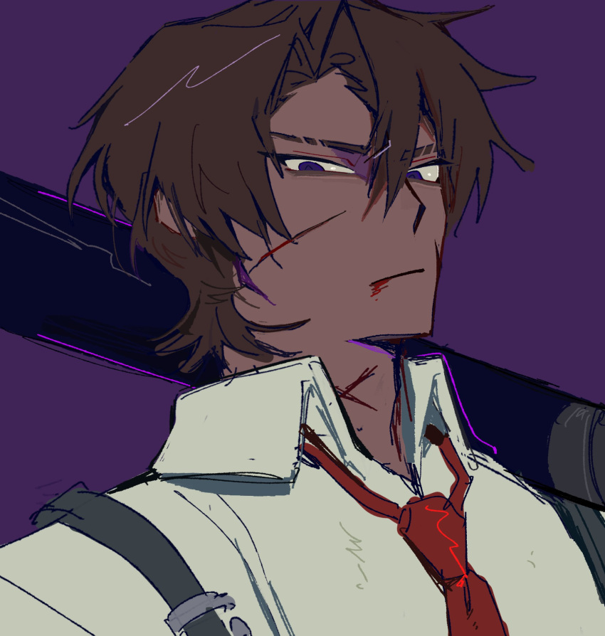 1boy baseball_bat brown_hair collared_shirt heathcliff_(project_moon) highres limbus_company necktie official_art parted_bangs portrait project_moon purple_background red_necktie shirt simple_background solo vellmori violet_eyes white_shirt