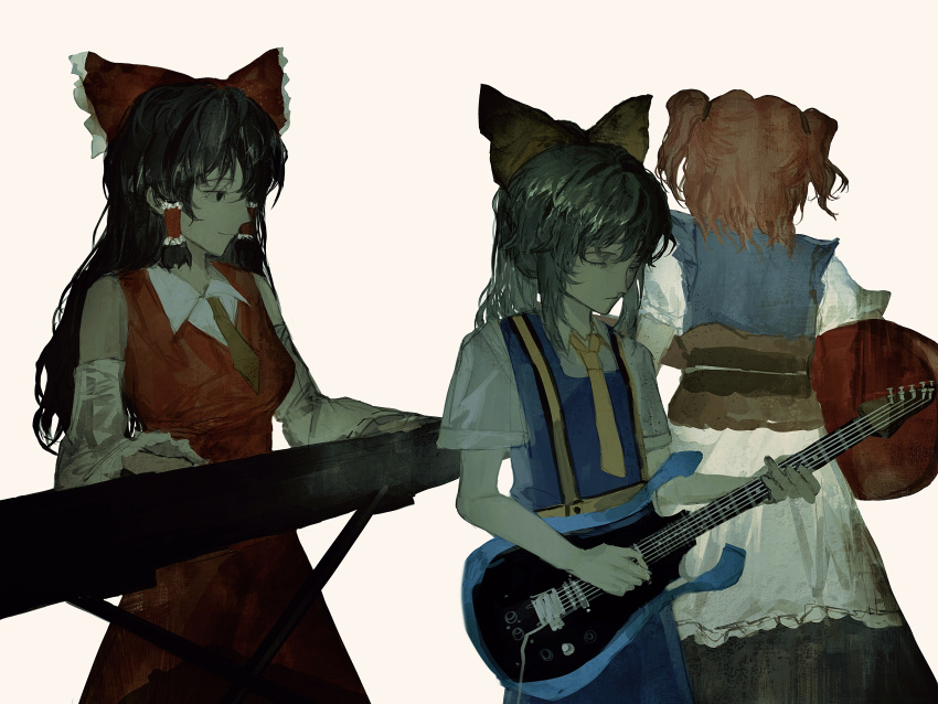 3girls absurdres acoustic_guitar black_eyes black_hair blue_skirt blue_vest bow closed_eyes closed_mouth collared_shirt commentary cookie_(touhou) cowboy_shot daiyousei detached_sleeves diyusi_(cookie) electric_guitar expressionless flat_chest frilled_bow frilled_hair_tubes frills guitar hair_bow hair_tubes hakurei_reimu high-visibility_vest highres holding holding_guitar holding_instrument instrument keyboard_(instrument) long_hair messy_hair multiple_girls music necktie noel_(cookie) onozuka_komachi playing_instrument red_bow red_shirt redhead shirt shishou_(cookie) short_sleeves simple_background skirt sleeveless sleeveless_shirt smile touhou two_side_up vest white_background white_sleeves xbsx yellow_bow yellow_necktie