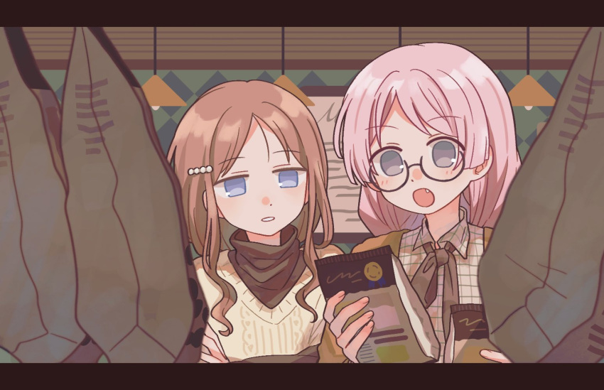 2girls artist_request bang_dream! bang_dream!_it's_mygo!!!!! blue_eyes brown_hair brown_jacket brown_sweater chihaya_anon collared_shirt commentary commission detached_sleeves fang glasses grey_eyes hair_ornament hairclip holding indoors jacket jitome knit_sweater lamp long_hair multiple_girls nagasaki_soyo open_mouth pink_hair second-party_source shirt sweater symbol-only_commentary turtleneck