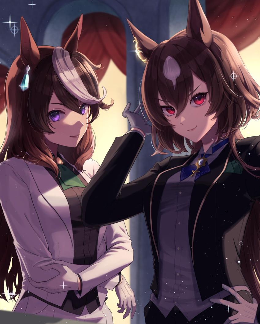 2girls absurdres achiko_(tamara) animal_ears black_jacket black_shirt blurry blurry_foreground breasts brown_hair butler closed_mouth cross_tie crossed_arms earrings female_butler formal glint gloves grey_shirt hand_on_own_hip hand_up highres horse_ears horse_girl jacket jewelry lips long_sleeves looking_at_viewer medium_breasts multicolored_hair multiple_girls pant_suit pants red_eyes shirt single_earring sirius_symboli_(umamusume) smile sparkle streaked_hair suit symboli_rudolf_(umamusume) umamusume upper_body violet_eyes white_gloves white_jacket