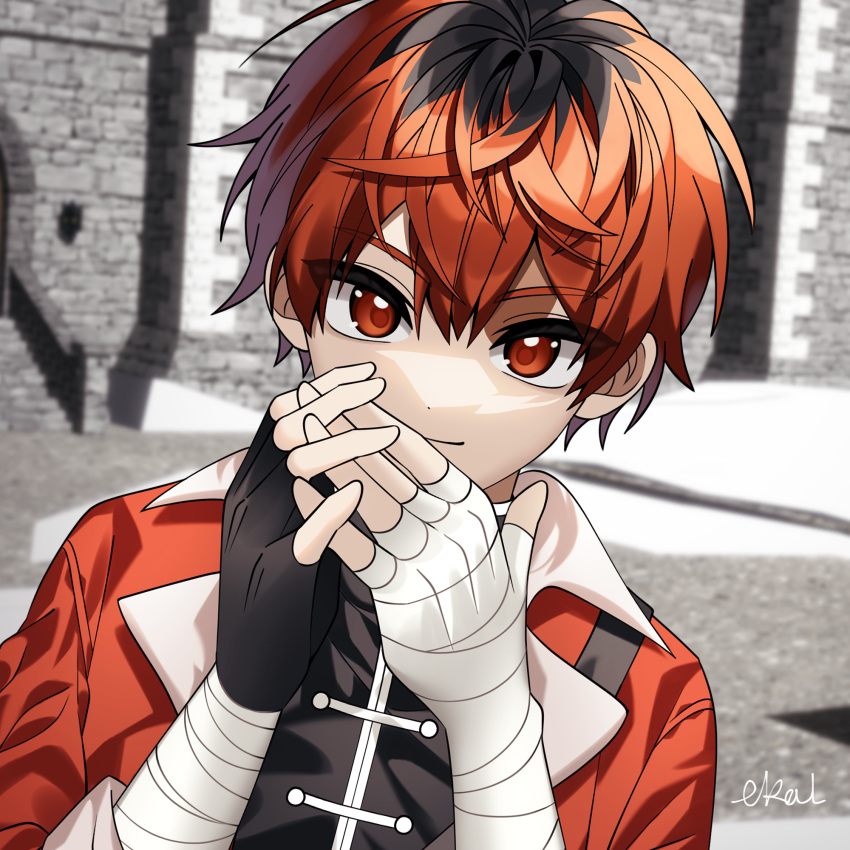 1boy bandaged_arm bandages black_gloves black_hair closed_mouth ekal fingerless_gloves gloves hair_between_eyes highres looking_at_viewer male_focus multicolored_hair outdoors own_hands_together portrait red_eyes redhead short_hair signature smile solo sousou_no_frieren stark_(sousou_no_frieren) stone_wall