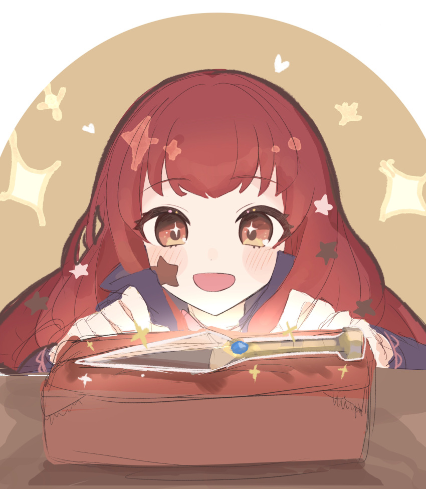 1girl :d absurdres box cape dagger facial_mark fire_emblem gift gift_box hair_ornament highres in_container knife long_hair netugen33 red_eyes redhead smile solo sparkle sparkling_eyes star_(symbol) star_facial_mark star_hair_ornament weapon yunaka_(fire_emblem)