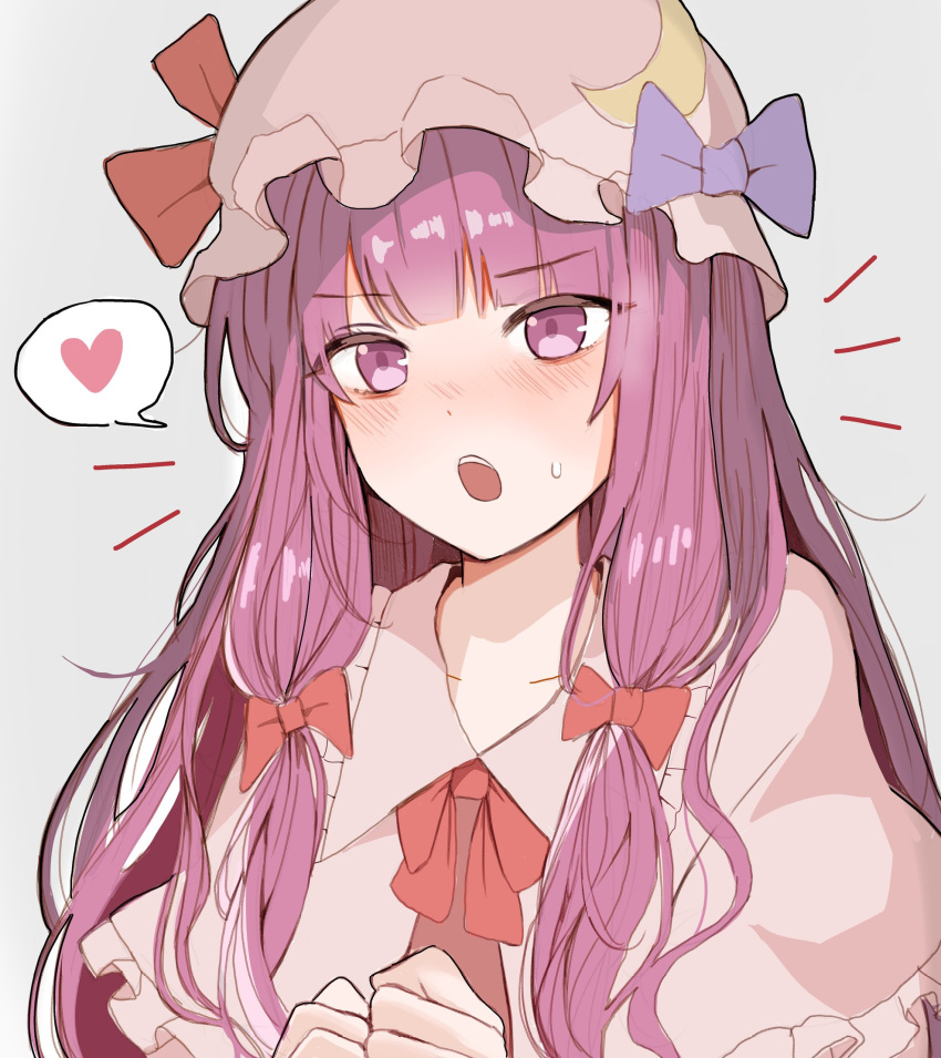 1girl blush bow bowtie hat heart highres mob_cap one-hour_drawing_challenge open_mouth patchouli_knowledge purple_hair solo speech_bubble sssoomm112 sweat sweatdrop touhou v-shaped_eyebrows violet_eyes