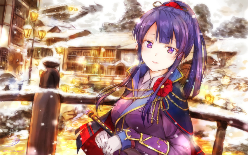 1girl aiguillette artist_name blue_cloak blunt_bangs breasts buttons cloak collared_shirt fence flower getsuei_(moonshadowp) gold_trim hair_ribbon highres jacket katana lamppost long_sleeves looking_at_viewer medium_breasts open_mouth ponytail purple_hair purple_jacket red_flower red_ribbon ribbon river shirt shoujo_kageki_revue_starlight shoujo_kageki_revue_starlight_-re_live- sidelocks smile snowing solo sword tomoe_tamao violet_eyes weapon white_shirt winter wooden_fence