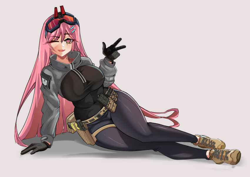 absurdres breasts girls_frontline gloves goggles griffin_&amp;_kryuger highres holster large_breasts long_sleeves looking_at_viewer pink_hair sig_mcx_(girls'_frontline) tactical_clothes tascalate tattoo