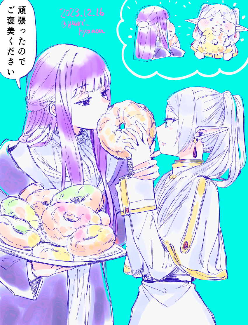 2girls absurdres blue_background blue_eyes capelet commentary_request dated doughnut dress earrings eating elf feeding fern_(sousou_no_frieren) food food_on_face frieren hand_on_another's_wrist highres holding holding_plate jewelry long_hair multiple_girls plate pointy_ears puffy_cheeks purple_hair purple_robe robe shared_food simple_background sousou_no_frieren speech_bubble thick_eyebrows translated twintails twitter_username violet_eyes white_capelet white_dress white_hair yuri_kyanon