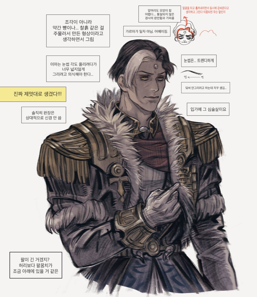1boy 5altybitter5 closed_mouth coat emet-selch epaulettes final_fantasy final_fantasy_xiv gloves highres korean_text long_sleeves looking_at_viewer male_focus multicolored_hair short_hair simple_background solo streaked_hair translation_request white_background white_gloves