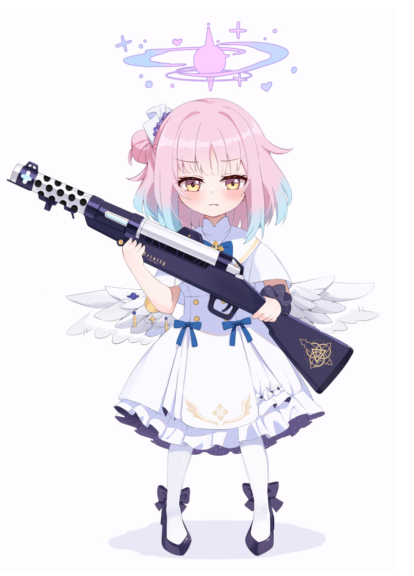 1girl absurdres angel_wings black_footwear blue_archive blush capelet closed_mouth dress feathered_wings feza_chen_(ushaku) flower full_body gun hair_bun hair_flower hair_ornament halo highres holding holding_gun holding_weapon medium_hair mika_(blue_archive) pantyhose pink_hair pink_halo purple_flower revision shoes simple_background single_side_bun solo weapon white_background white_capelet white_dress white_pantyhose white_wings wings yellow_eyes