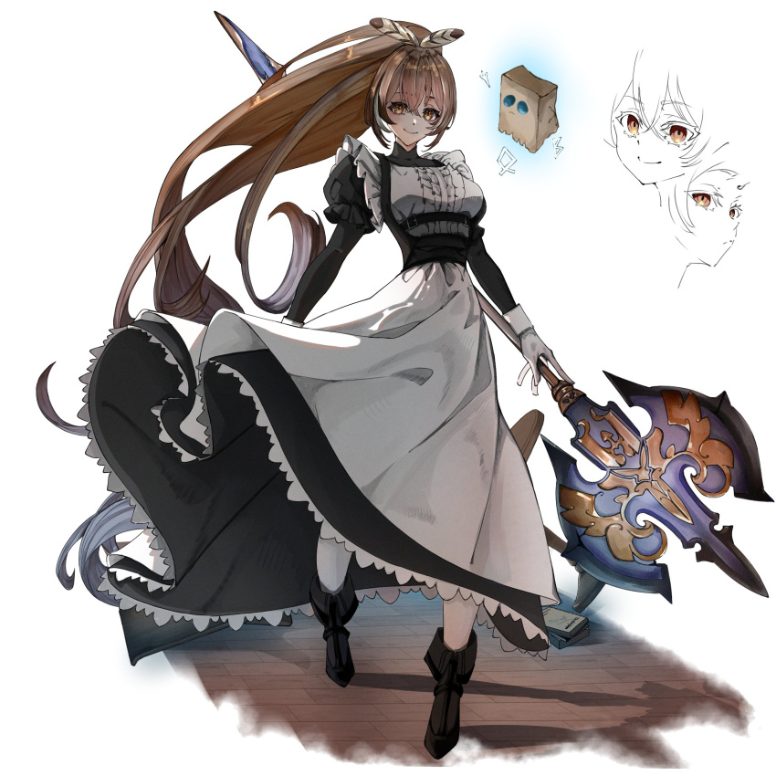 1girl absurdres alternate_costume apron axe battle_axe black_dress boots brown_eyes brown_hair clothes_lift crossed_bangs double-parted_bangs dress feather_hair_ornament feathers friend_(nanashi_mumei) frills gloves hair_ornament highres holding holding_axe hololive hololive_english huge_weapon leggings long_hair looking_at_viewer maid maid_apron mouchu multicolored_hair multiple_views nanashi_mumei ponytail puffy_sleeves runes skirt skirt_lift smile streaked_hair very_long_hair virtual_youtuber weapon white_gloves white_leggings wooden_floor