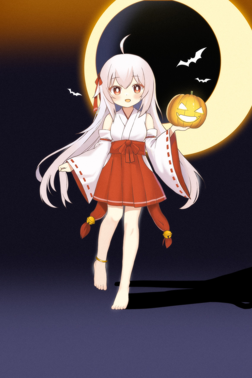 1girl absurdres ahoge anklet barefoot bright_pupils chinese_commentary commentary_request detached_sleeves dot_nose full_body hair_ribbon halloween highres jack-o'-lantern japanese_clothes jewelry kuma-bound long_hair miko open_mouth original pleated_skirt red_eyes red_ribbon red_skirt ribbon shadow skirt smile solo toes white_hair white_pupils wide_sleeves