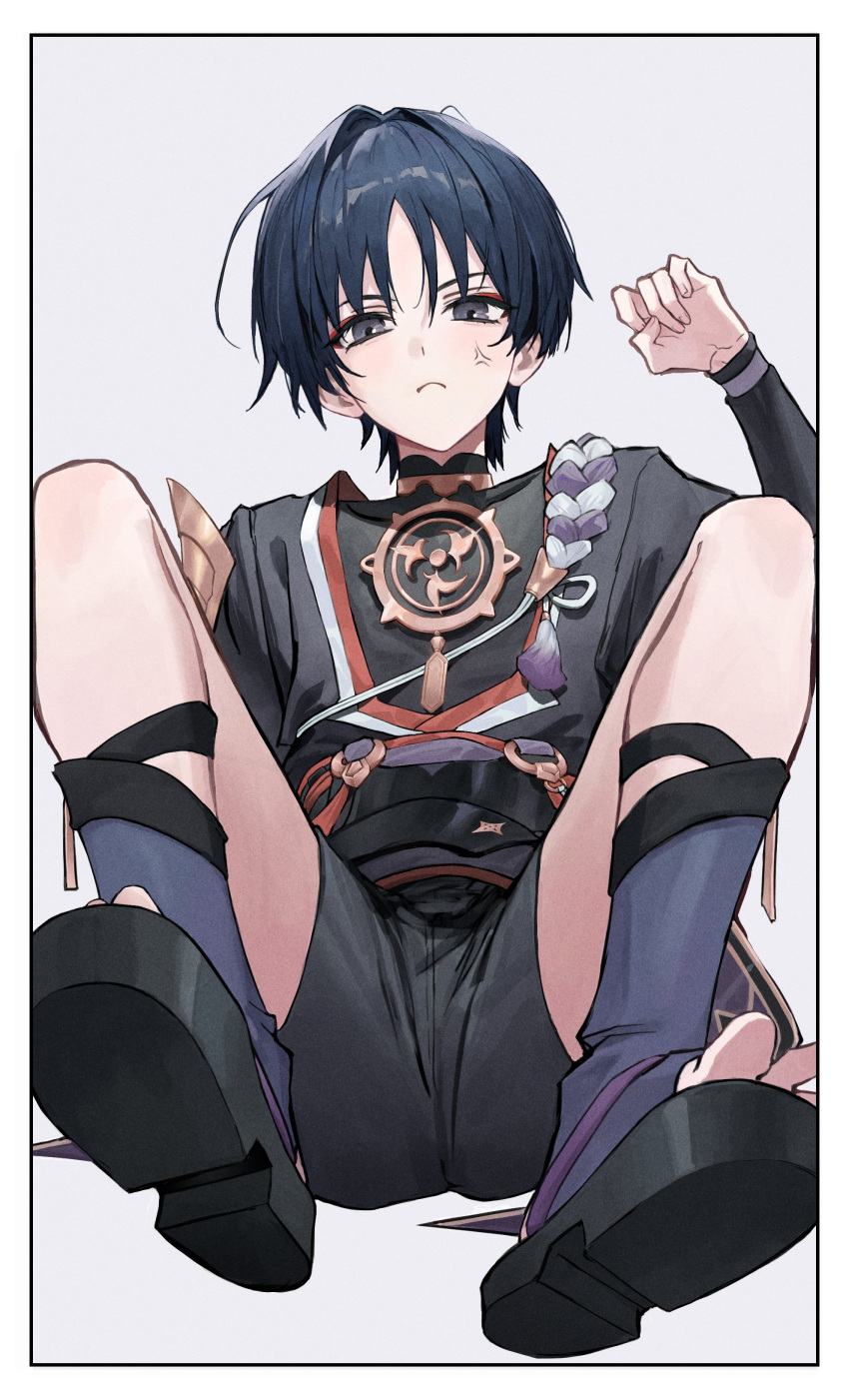 1boy absurdres anger_vein bishounen genshin_impact hand_up highres japanese_clothes jewelry looking_at_viewer male_focus necklace purple_hair sandals scaramouche_(genshin_impact) short_hair shorts simple_background socks solo spread_legs toria_(toriaa_27) violet_eyes white_background