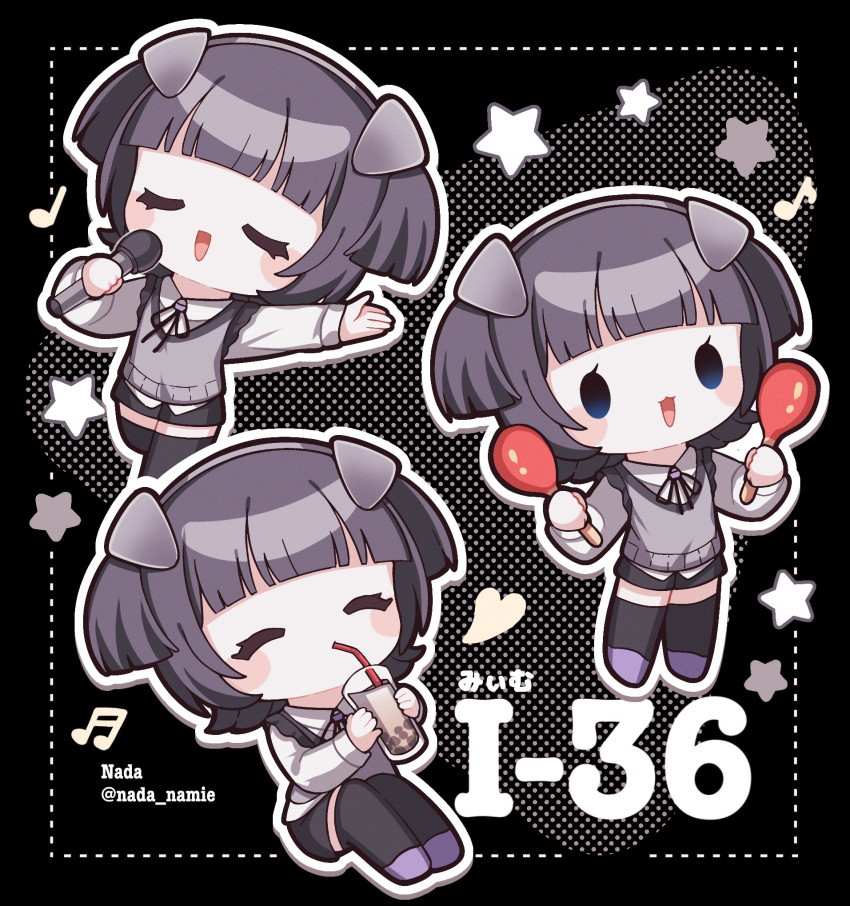 1girl black_hair black_thighhighs blunt_bangs character_name chibi closed_eyes cup drinking_straw drinking_straw_in_mouth headgear heart highres holding holding_cup holding_instrument holding_maracas holding_microphone i-36_(kancolle) instrument kantai_collection long_sleeves maracas microphone multiple_views musical_note nada_namie official_alternate_costume open_mouth outline shoes simple_background sitting standing star_(symbol) thigh-highs white_outline