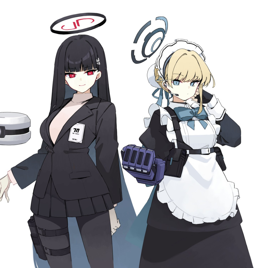 2girls apron black_gloves black_hair black_jacket black_pantyhose blonde_hair blue_archive blue_bow blue_bowtie blue_eyes bow bowtie braid brown_shirt bun_cover chest_harness cowboy_shot drone fingerless_gloves frilled_apron frills gauntlets gloves hair_bun hair_ornament hairclip halo hand_up harness headset highres holster jacket juliet_sleeves loah_66 long_hair long_sleeves looking_at_viewer maid_apron maid_headdress multiple_girls pantyhose pouch puffy_sleeves red_eyes rio_(blue_archive) shirt short_hair simple_background single_gauntlet single_hair_bun thigh_holster toki_(blue_archive) very_long_hair white_background