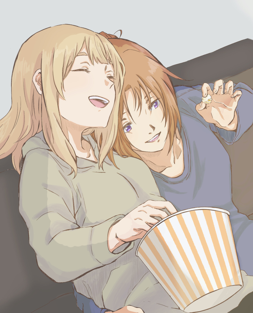2girls arm_around_waist blonde_hair blue_shirt brown_hair closed_eyes commentary_request couch cuddling curryisfriend food grey_hair grey_sweater hand_on_another's_shoulder hand_on_another's_waist hibike!_euphonium highres holding holding_food indoors laughing liz_to_aoi_tori long_hair long_sleeves multiple_girls nakagawa_natsuki on_couch open_mouth popcorn shirt simple_background sitting smile sweater violet_eyes yoshikawa_yuuko yuri