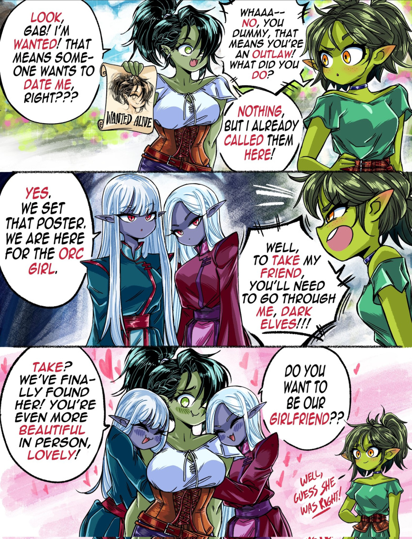 4girls blush breasts closed_eyes closed_mouth colored_skin corrupted_twitter_file dark_elf elf english_text fang fang_out female_orc green_eyes green_skin grs- heart highres holding long_hair multiple_girls open_mouth orc original pointy_ears red_eyes short_hair wanted yuri